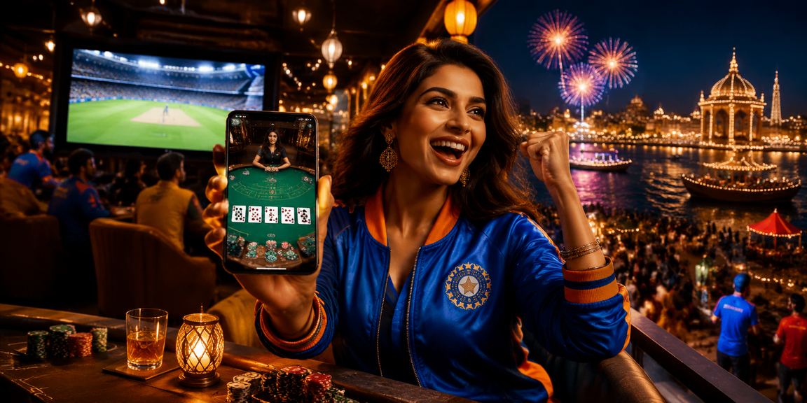 Player enjoying live casino games on mobile phone during night market in India