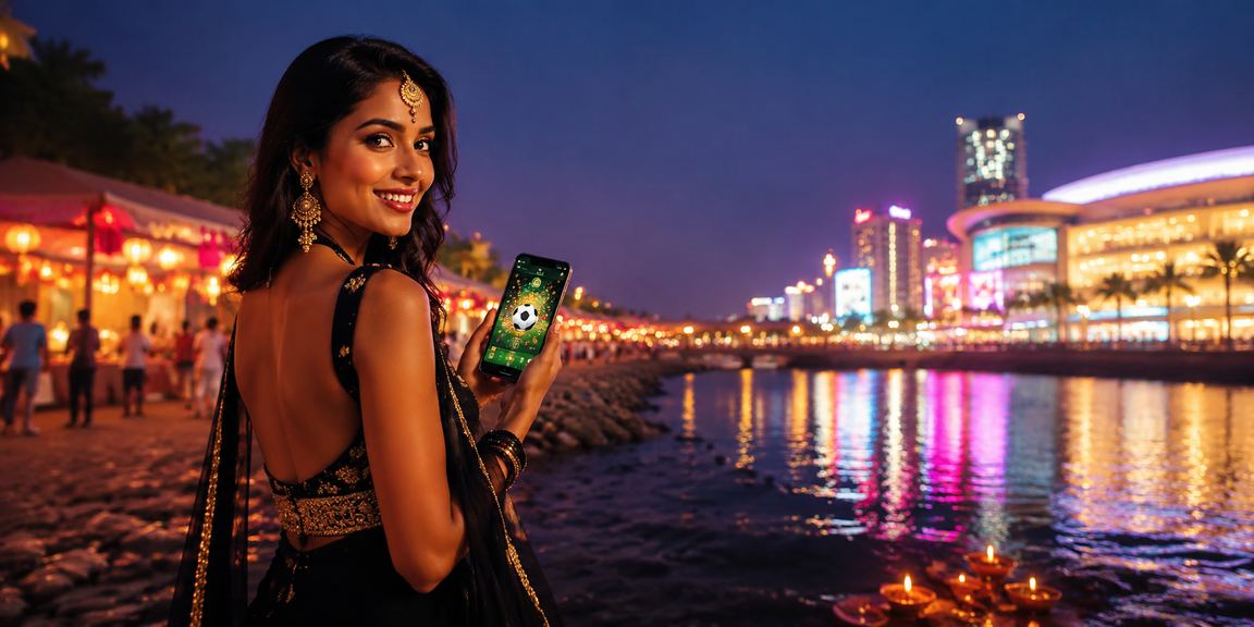 Indian player enjoying live casino and football betting at night market setting