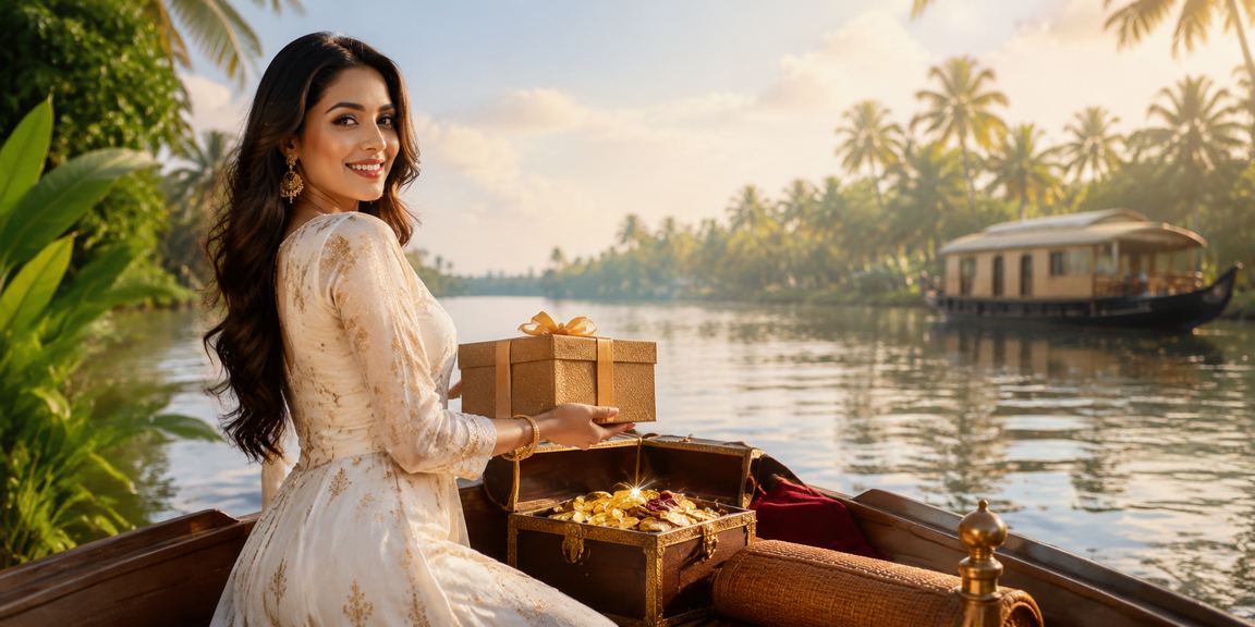 Woman playing online lottery on mobile in Kerala backwaters setting