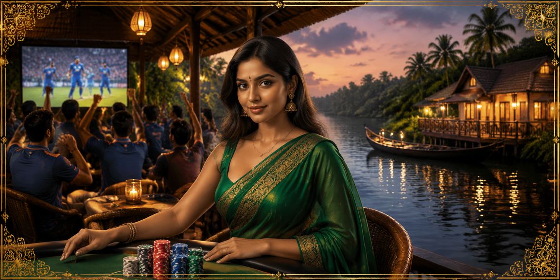 Evening market scene in Kerala with cricket betting poster